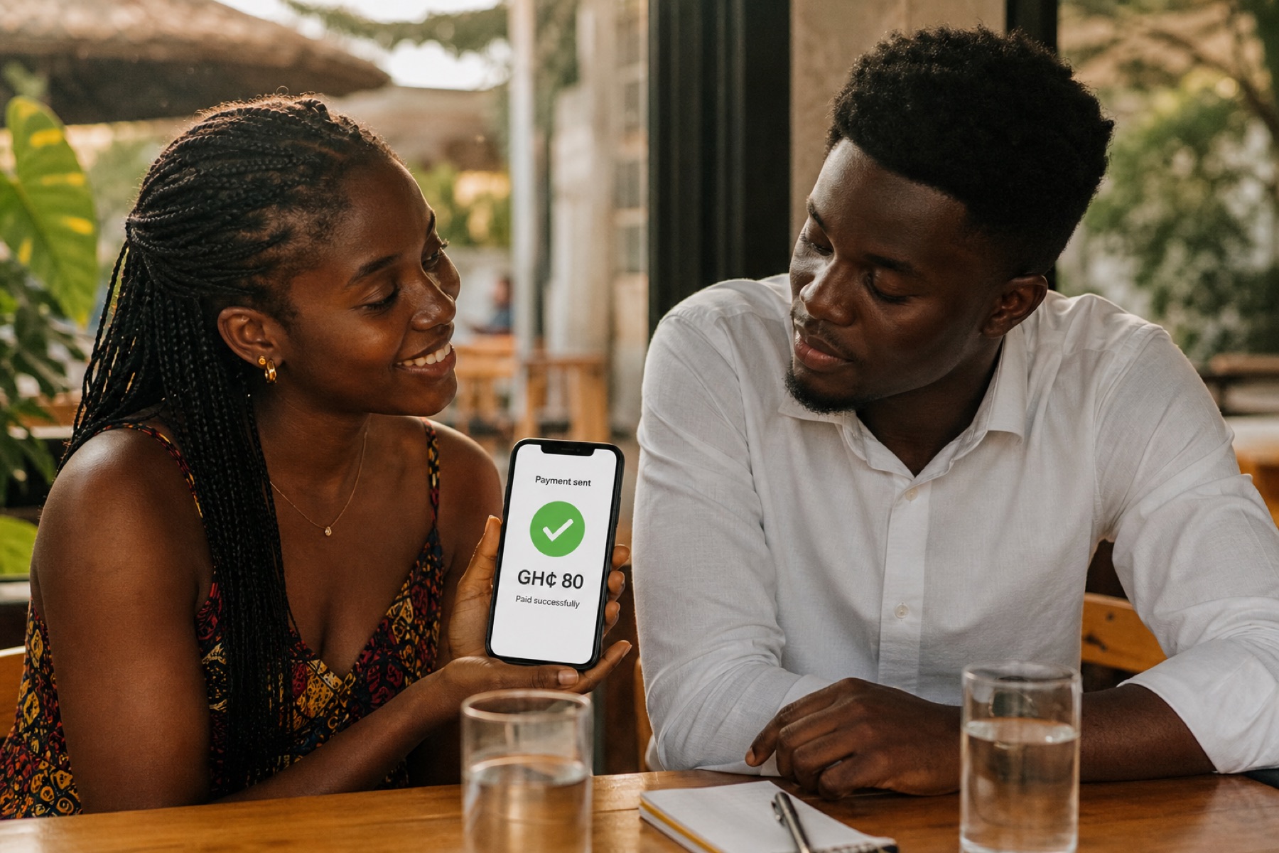 Two people confirming an GH₵ 80 MoMo payment